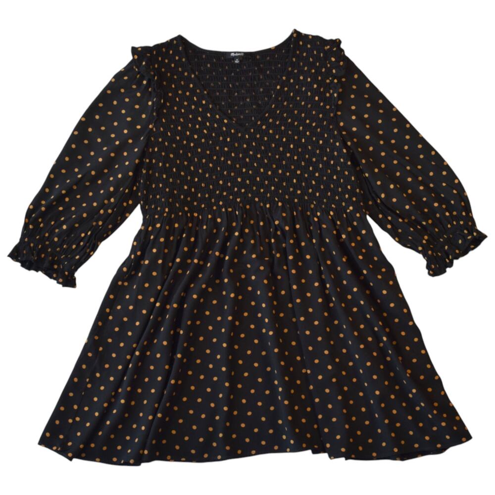 Madewell Black Polka Dot Smocked Mini Dress with Pockets - Size M